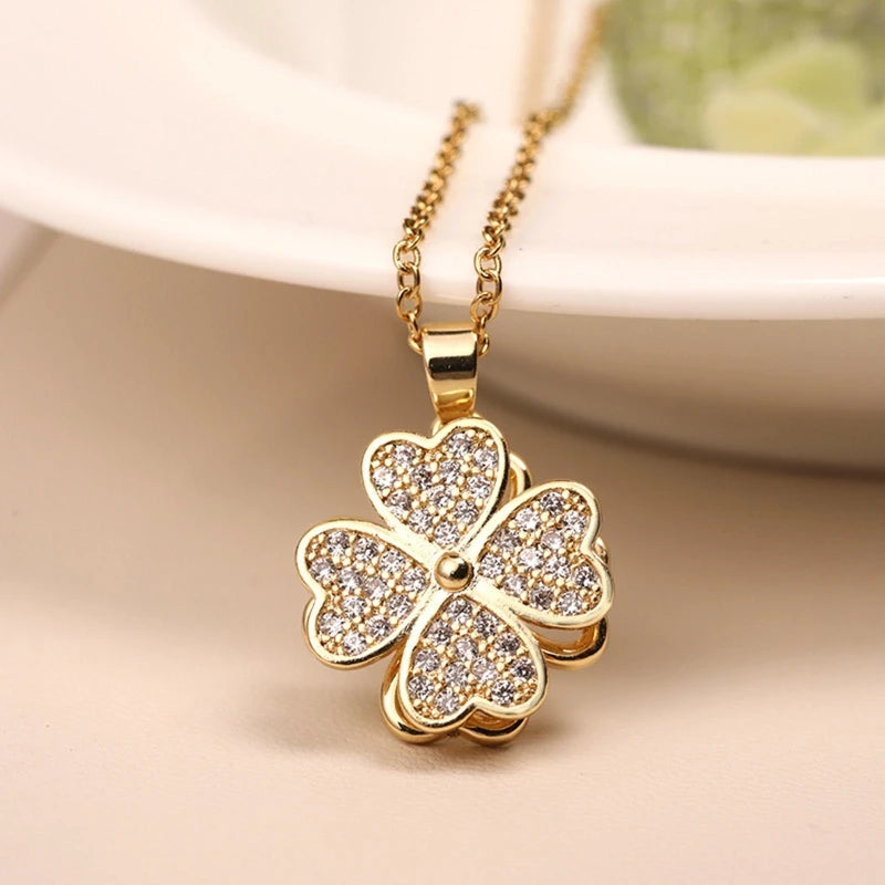 Rhinestone Clover Spinner Necklace