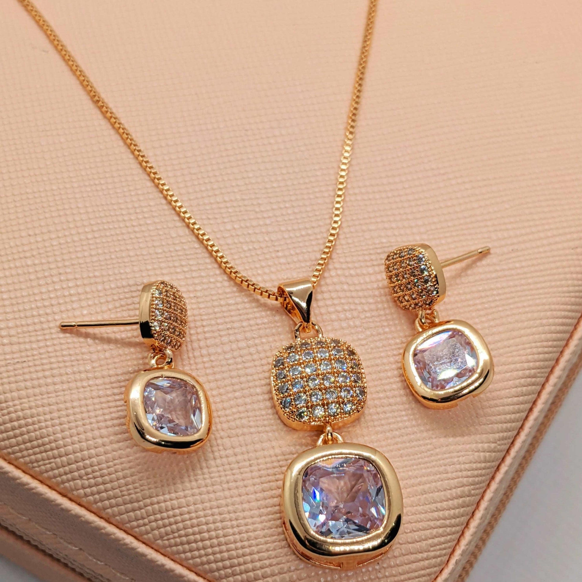 18K Gold Plated Halo Square Cubic Zirconia Necklace Set