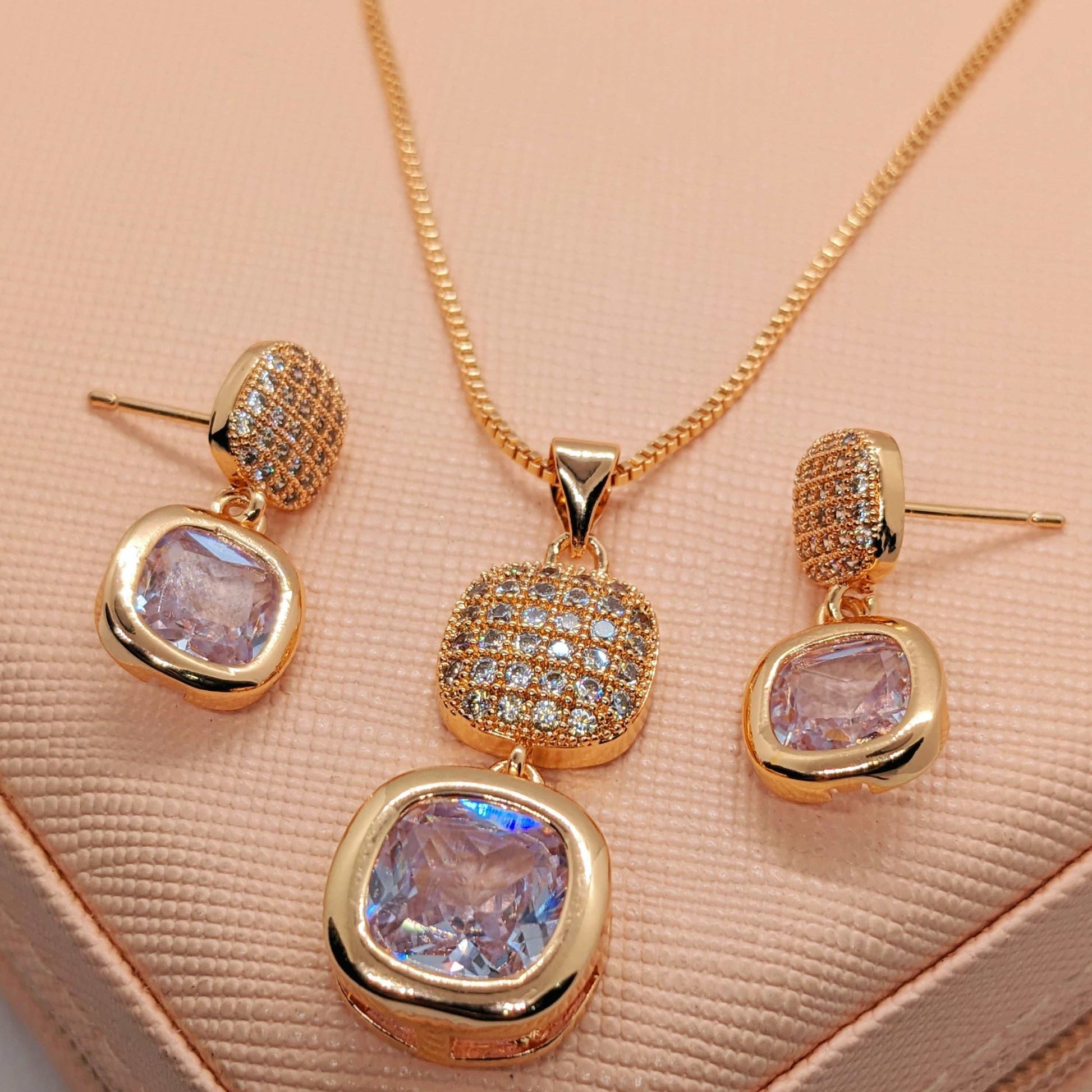 18K Gold Plated Halo Square Cubic Zirconia Necklace Set