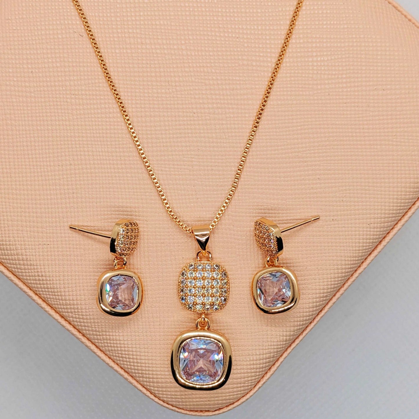 18K Gold Plated Halo Square Cubic Zirconia Necklace Set