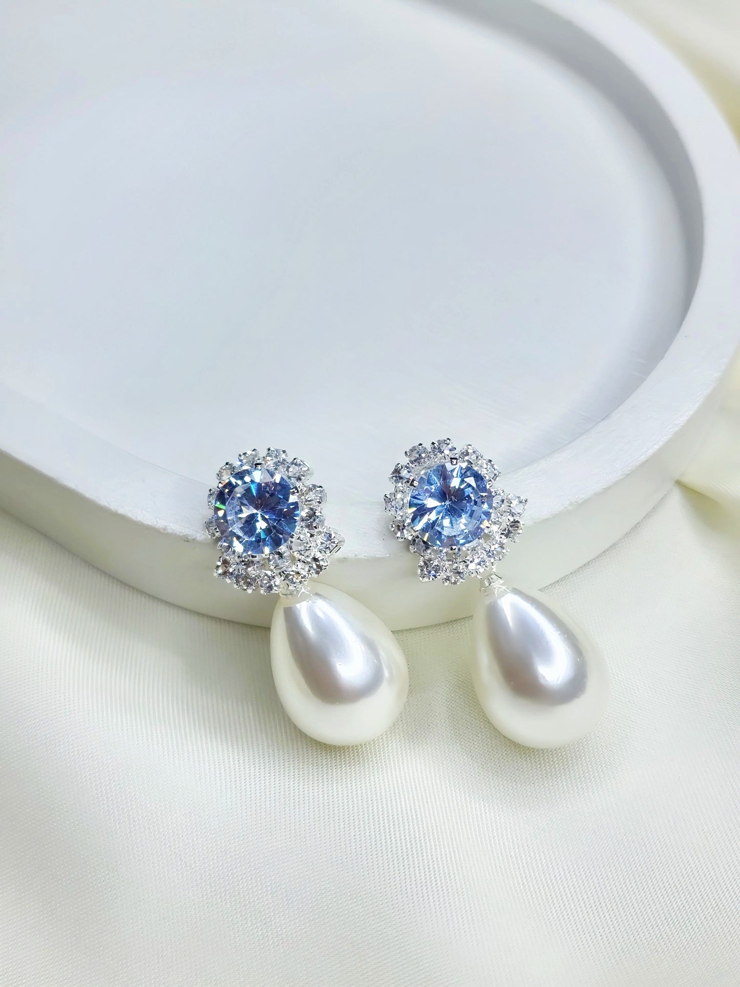 Teardrop Crystal Zirconia & White Pearl Drop Earrings