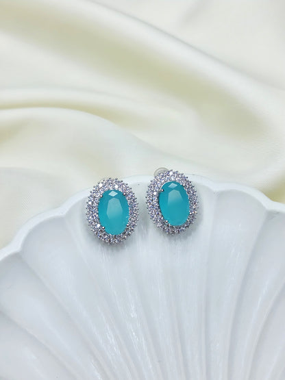 Pastel Blue Oval Halo Studs