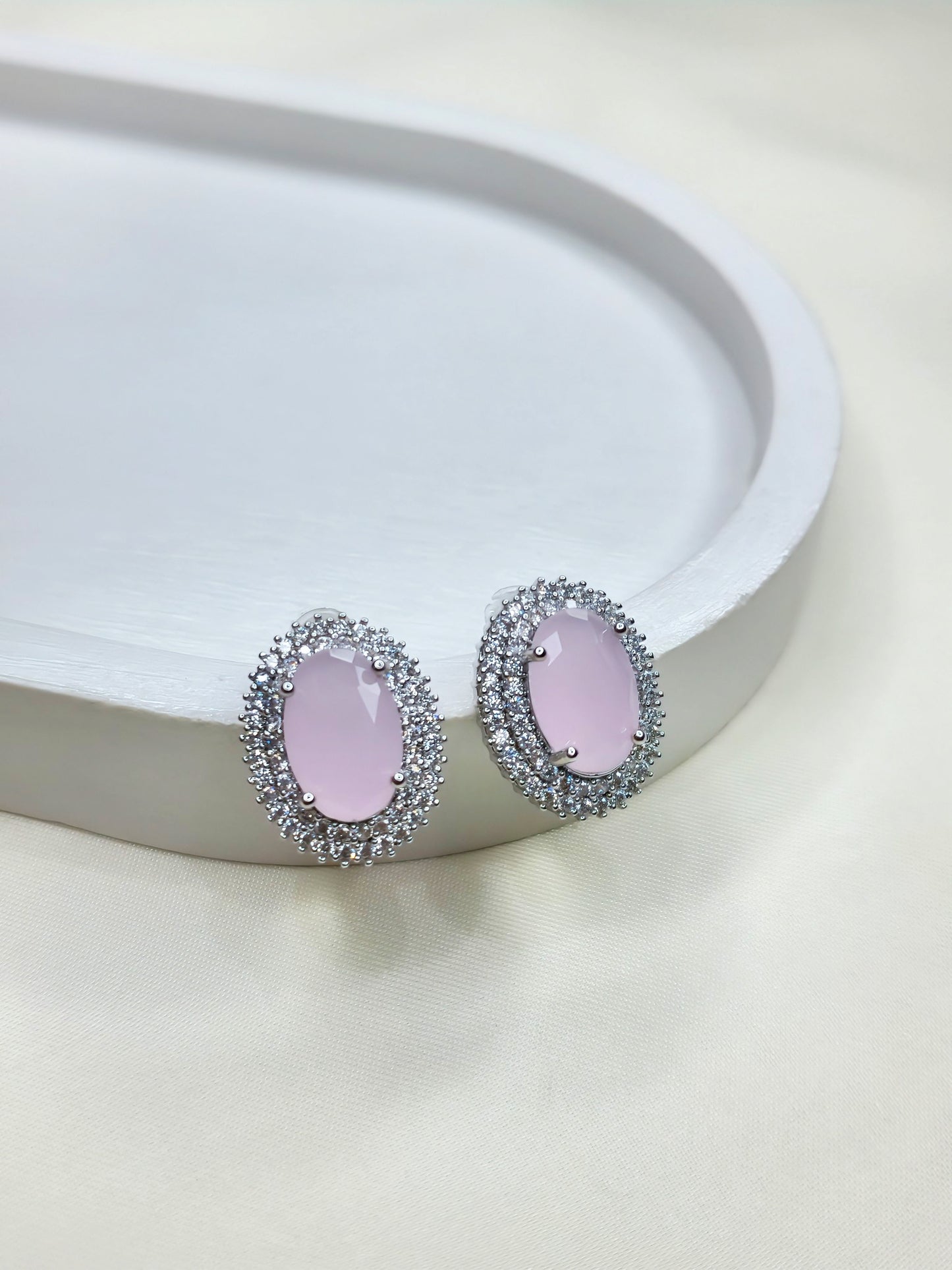 Pastel Pink Oval Halo Studs