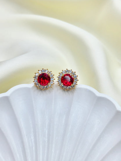 Red Ruby Diamond Halo Studs