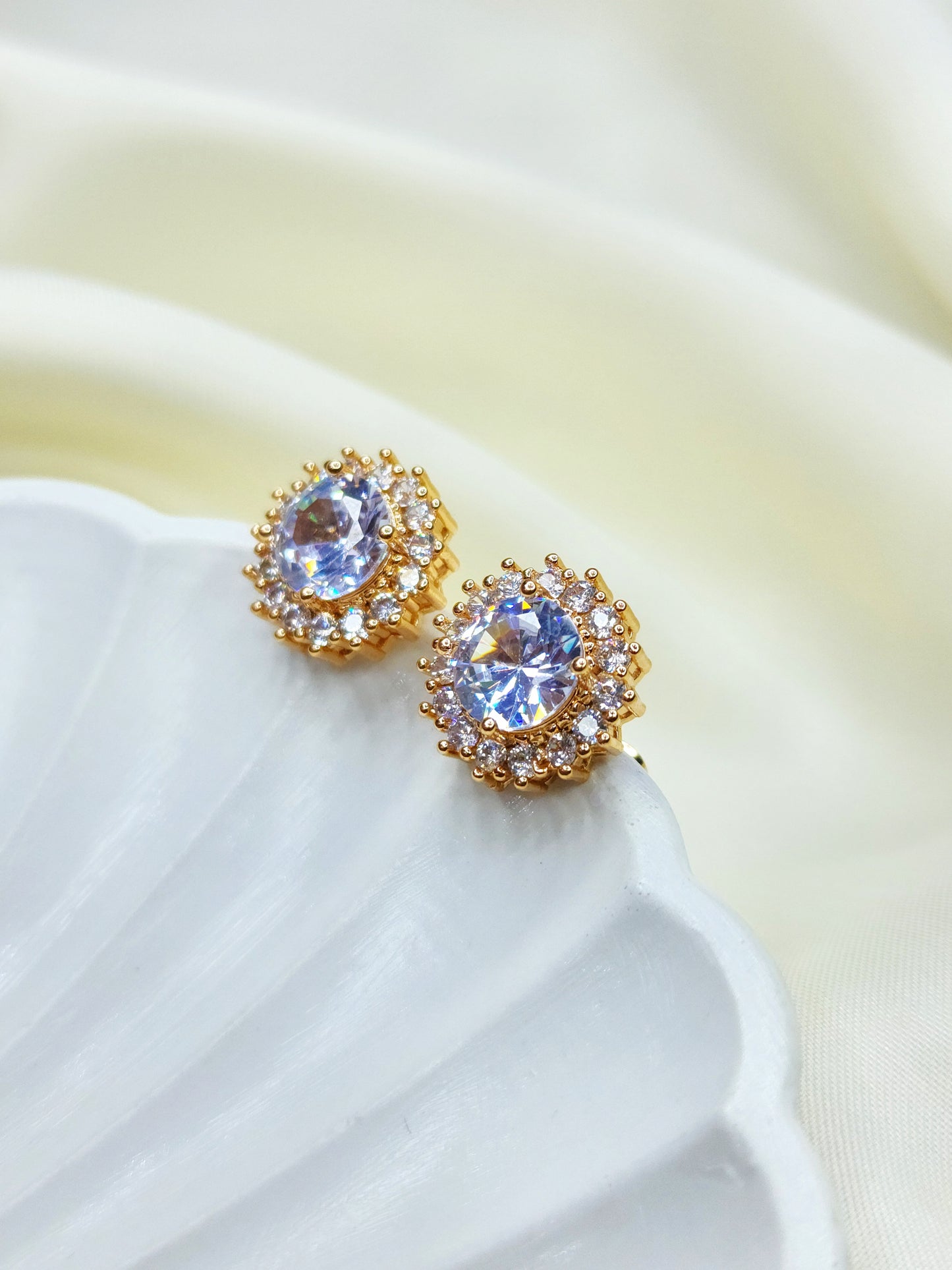 Golden Round Crystal Zircon Ear Studs