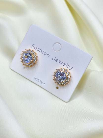 Golden Round Crystal Zircon Ear Studs