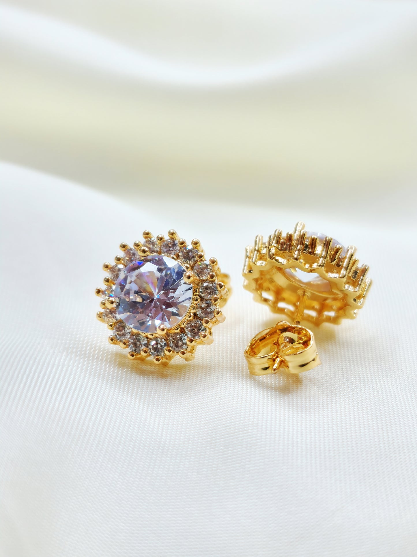 Golden Round Crystal Zircon Ear Studs