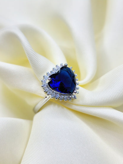 Heart Shape Blue Sapphire Sterling Silver Ring (Adjustable)