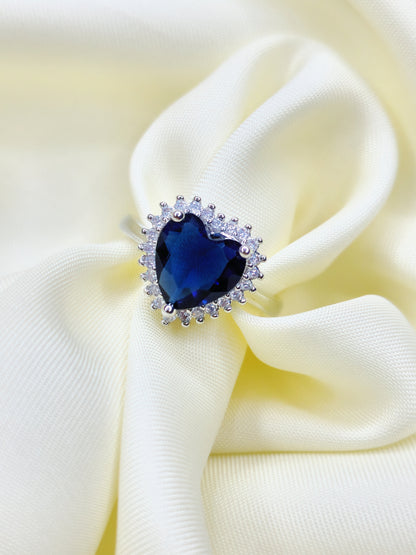 Heart Shape Blue Sapphire Sterling Silver Ring (Adjustable)