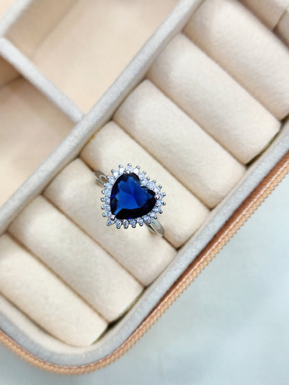 Heart Shape Blue Sapphire Sterling Silver Ring (Adjustable)