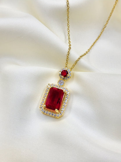 18K Gold Plated Retro Square Pendant With Ruby