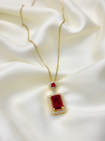 18K Gold Plated Retro Square Pendant With Ruby