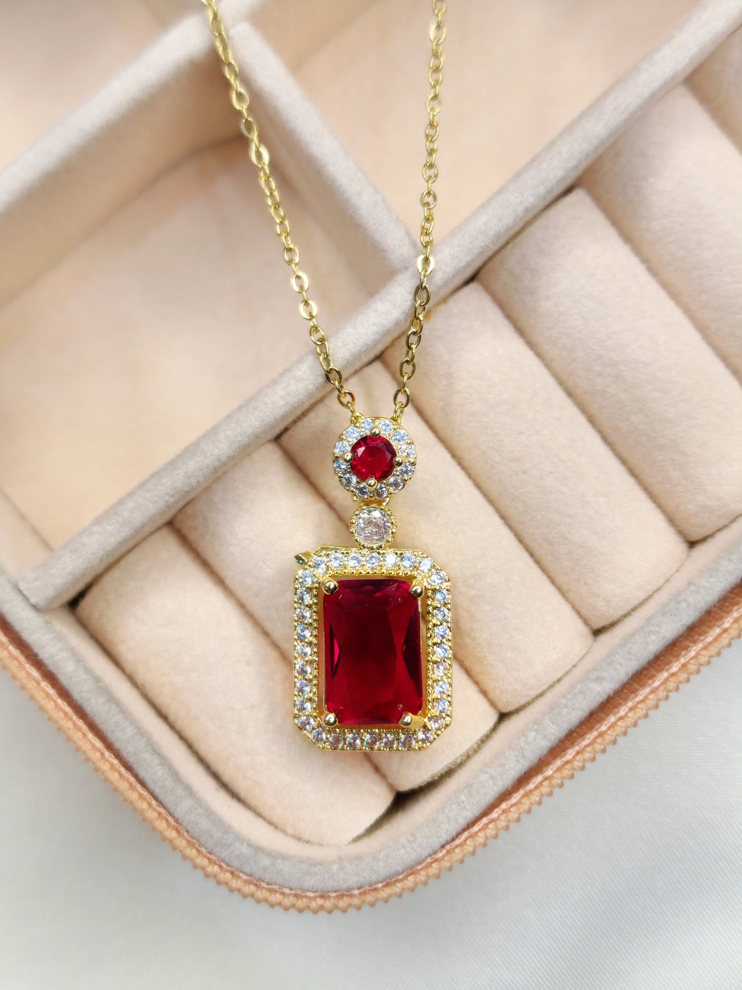 18K Gold Plated Retro Square Pendant With Ruby