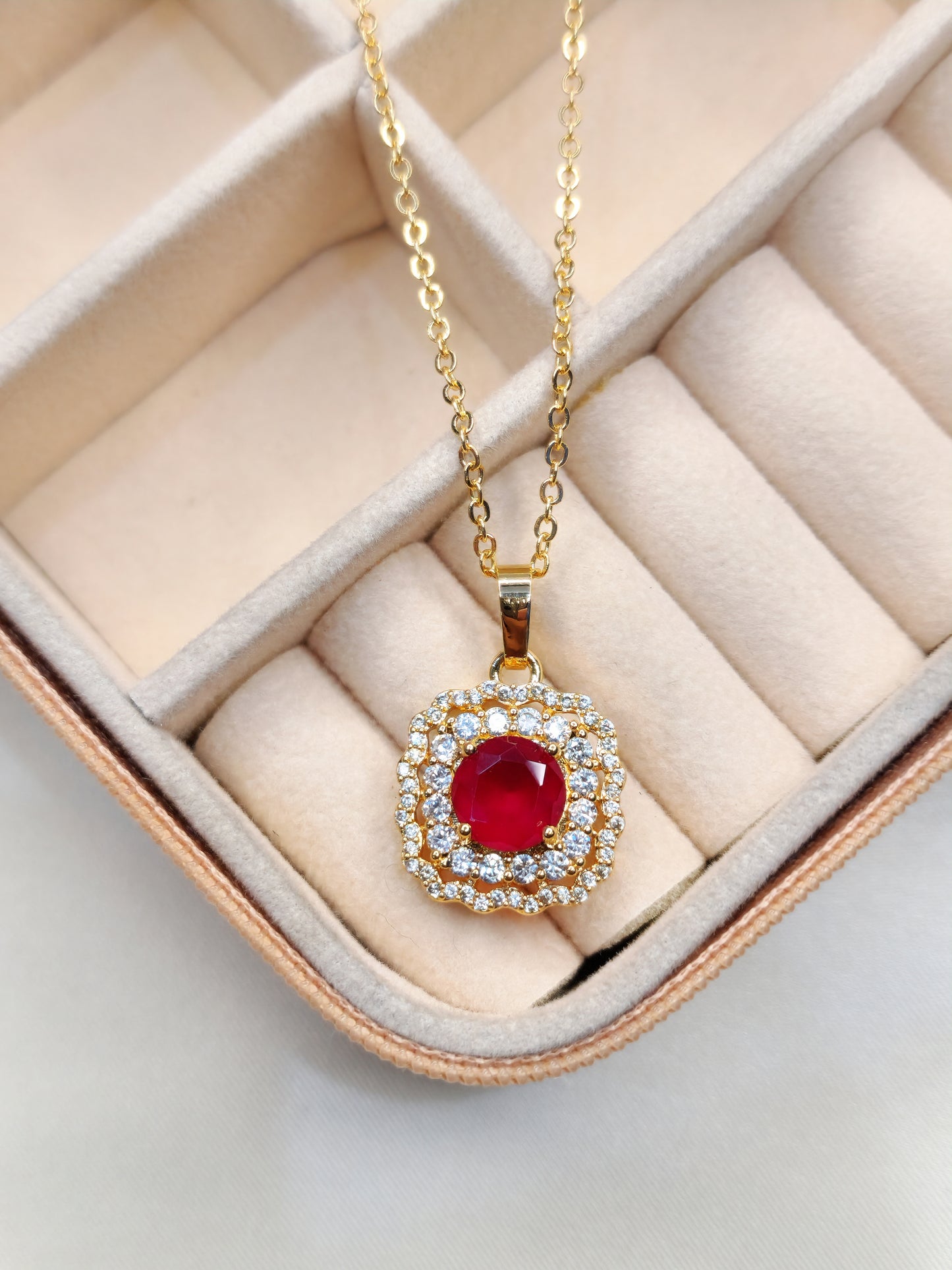 Red Ruby Zircon Luxurious 18KGold Plated Necklace