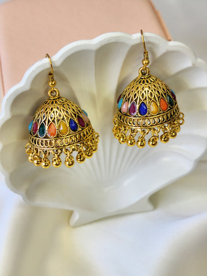 Indian Golden Bali Multi Color Pearl Jhumka