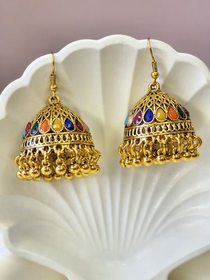 Indian Golden Bali Multi Color Pearl Jhumka