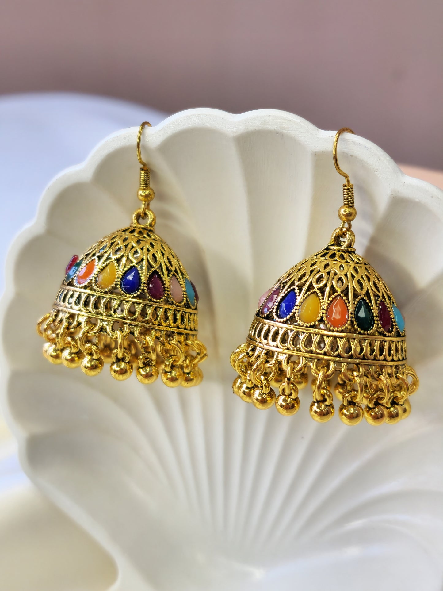 Indian Golden Bali Multi Color Pearl Jhumka