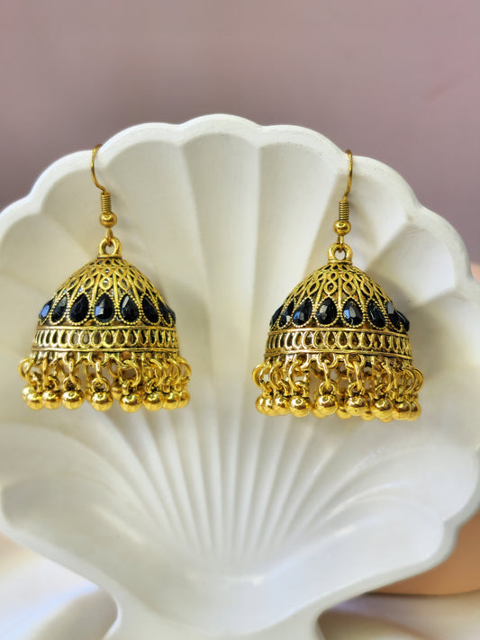 Traditional Gold Plated Jhumka Earring With Black Pearls