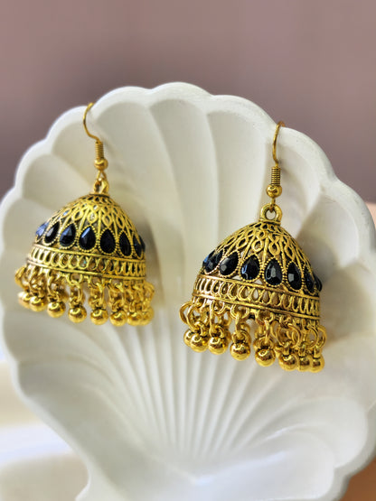 Traditional Gold Plated Jhumka Earring With Black Pearls