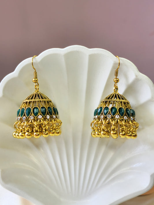 Minakari Jhumka in Green With Crystal Stone