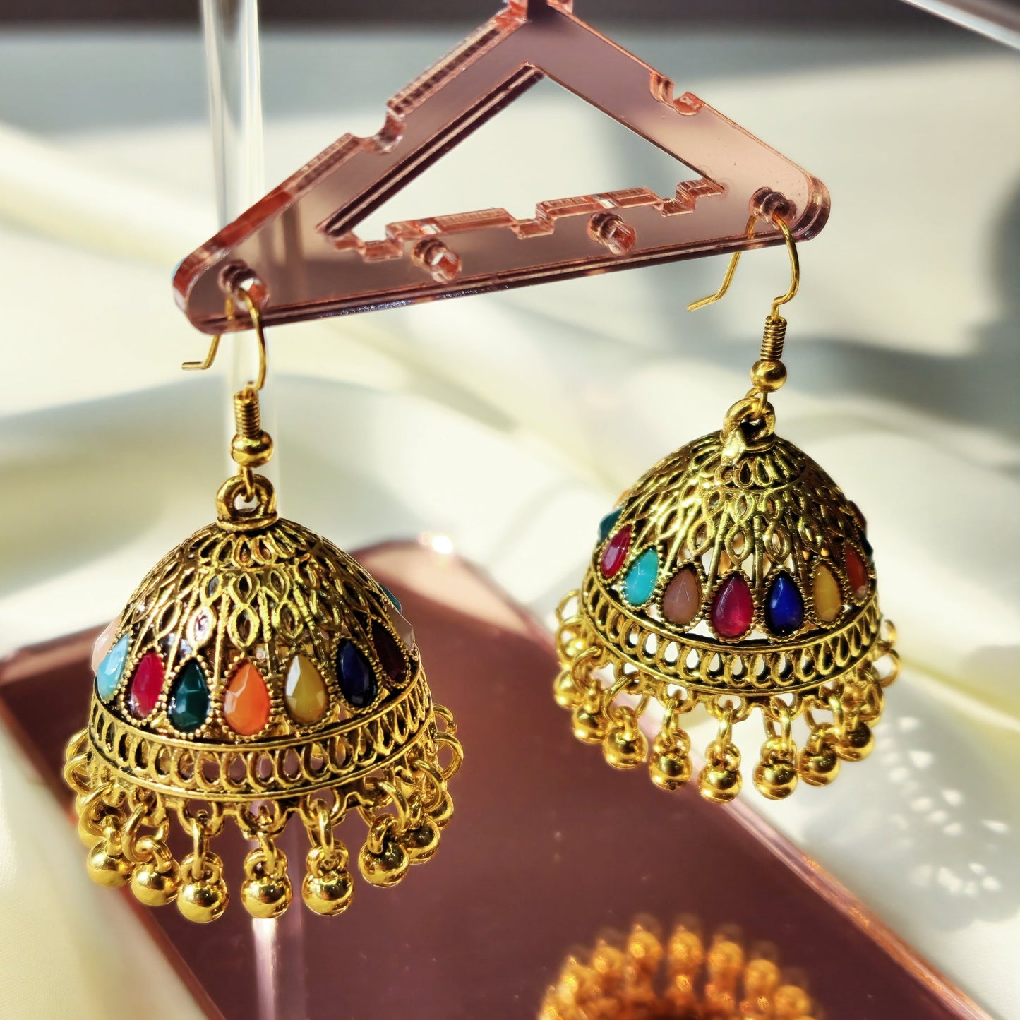 Indian Golden Bali Multi Color Pearl Jhumka