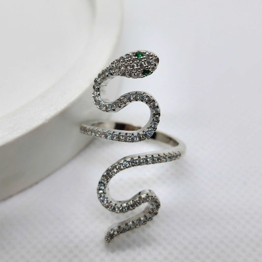 925 Silver Sparkling CZ Snake Ring (Adjustable)